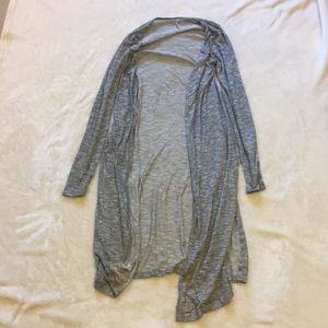 grey cardigan, with faux leather elbows